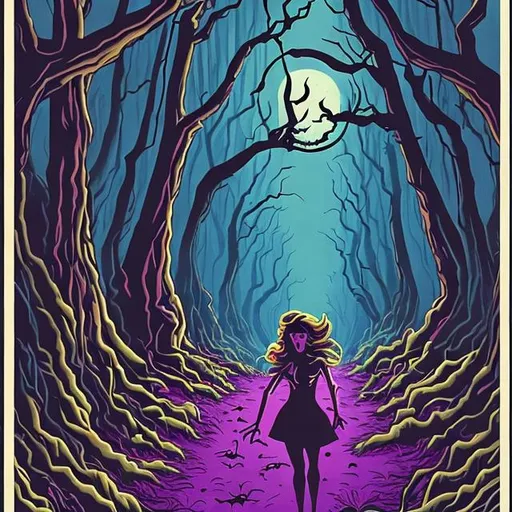 Prompt: Make me an illustration that is 80/90s inspired. It’s a Halloween movie poster of 18x24 ratio. It has a the title “Are we out of the woods?” It should have a spooky forest with a girl running 