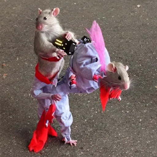 Prompt: rats dressed like clowns go through cute Hell of clawed robots