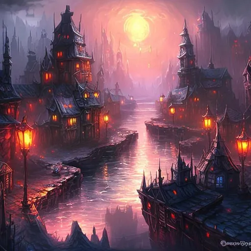 Prompt: fantasy, concept art, underdark, city with hundreds of buildings, river