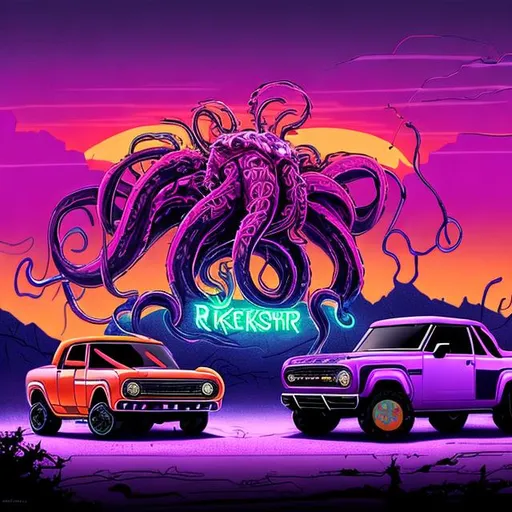 A kraken with a crown driving A neon purple 2023 for OpenArt