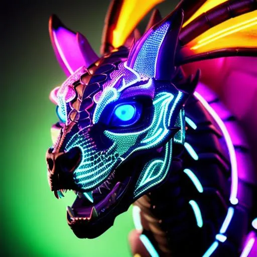 Portrait Of A Roaring Neon Skeleton Dragon With Irid 