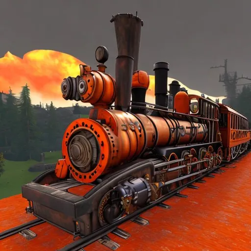 Prompt: Orange Glamrock Freddy Fazbear steam train locomotive 