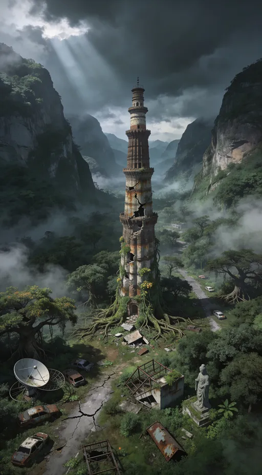 Prompt: A high-altitude drone-shot image of an ancient, abandoned mountain valley in a far-future Earth. The landscape feels extremely old and untouched by humans for thousands of years. Dense, overgrown forests completely dominate the valley, with massive trees, tangled roots, and thick vegetation spreading in every direction. Heavy fog rolls through the valley, partially hiding the ground and forest canopy.
At the center of the scene stands Qutub Minar, still recognizable but now extremely aged—its surface is cracked, rust-stained, eroded, and partially broken. The monument looks like it has survived over 1,000 years after the last era, while human civilization ended 10,000 years ago. Large sections are covered in moss, vines, fungus, and creeping plants. Some stones have collapsed and merged into the forest floor.
Gigantic mountains have grown and risen around the monument, enclosing it from all sides, making it feel small and forgotten. Dark, heavy storm clouds fill the sky, creating a moody, ominous atmosphere. Shafts of diffused light barely pass through the clouds and fog.
Scattered across the valley are remnants of a lost civilization: rusted vehicles half-buried in earth, broken satellite dishes tangled in trees, collapsed concrete structures overtaken by roots, cracked roads disappearing under vegetation, fallen statues, and corroded metal frames. No humans, no lights, no signs of life—only nature reclaiming the planet.
The color palette is muted and desaturated—deep greens, dark greys, foggy blues, and earthy browns. The mood is silent, haunting, and awe-inspiring.
Style: cinematic post-apocalyptic anime realism, matte painting quality, ultra-detailed environment, atmospheric fog, volumetric lighting, epic scale, drone perspective, high resolution, concept art quality, abandoned Earth future.
