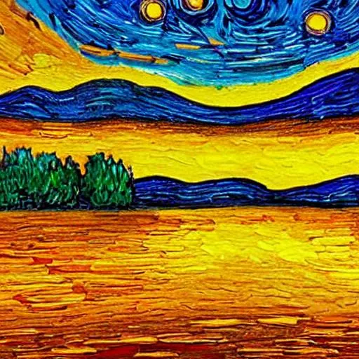 Prompt: Create an image of a sunset in the style of Van Gogh. The image should have vibrant colors, dynamic strokes, and a sense of movement. The image should show a scene of nature with some buildings or structures in the distance. The image should evoke a mood of beauty and tranquility.