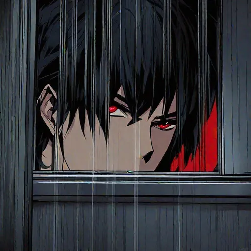 Prompt: Damien (male, short black hair, red eyes) staring out the window, stalking, unsettling, sadistic look on his face