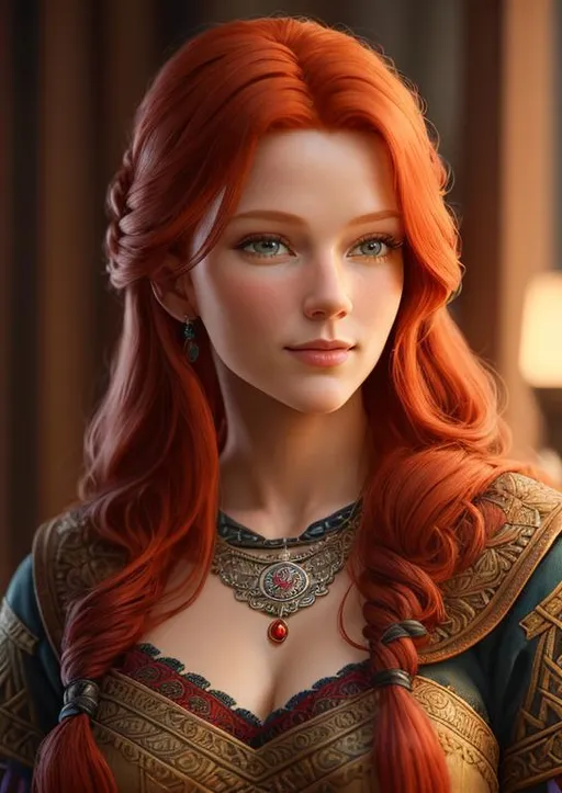 Prompt: highest quality stylized viking woman masterpiece, red hair, award-winning 3d oil painting art, perfect anatomy in perfect composition, long shot, hyper-realistic photography, intricate, 64k, UHD, HDR, (intricate eyes), extraordinary lips, subtle smile, gorgeous eyelashes, highly detailed face, hyper-realistic facial features, cinematic 3d volumetric, dramatic lighting with backlit backlight, by Julia Razumova