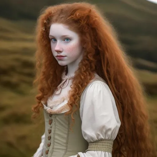 Prompt: Lass from scotland in 18th century,red curly long hair with yellow brown eyes, pale skin, with freckes, landscape nature scotland
Dressed with clothes from 1760 chubby face
 