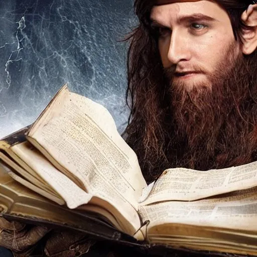 Prompt: I'd like a human wizard with an obviously magical spellbook. He should be holding or casting from the book. The wizard should be a human in his mid 20s with dark hair