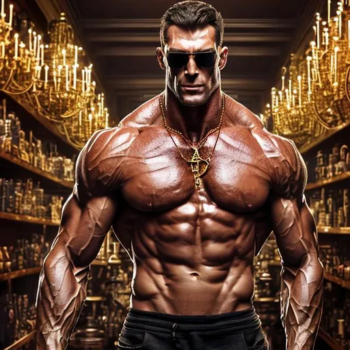 Prompt: Full image of a Tall strong muscular European man, large cheekbones, large chin, stubbles, muscular neck, wide huge muscular chest, huge arms, huge deltoids, golden necklace, six-pack abs, muscular thighs, long fur coat, black hat, sunglasses, in a gun shop, high resolution, realistic, full body, very low angle.