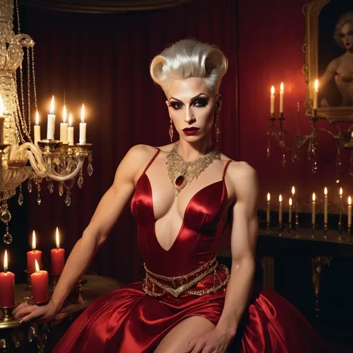 Prompt: a gorgeous ultra-muscular 25-year-old Czechian drag queen goddess in a red dress and gold jewelry, short sassy silver hair dark eye shadow and dark red lipstick, and a chandelier with candles in the background, Annie Leibovitz, romanticism, elegance, a still life