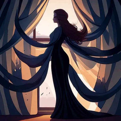 Prompt: Silhouette illustration of a woman 🗣️ long shawl. Curtains within a room with dark warm colors. Send with tiny  mark glowing. Cinematic lifestyle. Posing with elegance. Flying feathers with rain in window. Vibrant colorful background