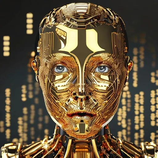 Prompt: Artificial Intelligence face números chip gold 