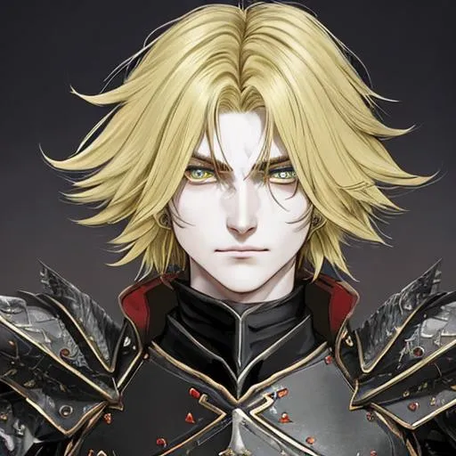 Prompt: E, a dragoon with an answer to everything, smirks a bit, as he remarks and answers. He fluctuates. The hair, from a blonde, black, brown, and red. His armored skin the same colors. His eyes, blue and green are added to the colors for the eyes, no red. Defined himself, by God and for God, existence itself even, and to Himself, for himself, to a tea. His is the letter. And to this letter the essence of everything. He makes sure of everything. 