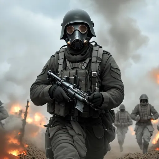 Prompt: Several mordern male black color with gas mask black running of the trenches, Highly Detailed, Hyperrealistic, sharp focus, Professional, UHD, HDR, 8K, Render, electronic, dramatic, vivid, pressure, stress, nervous vibe, loud, tension, traumatic, dark, cataclysmic, violent, fighting, Epic, Last battle in earth.

