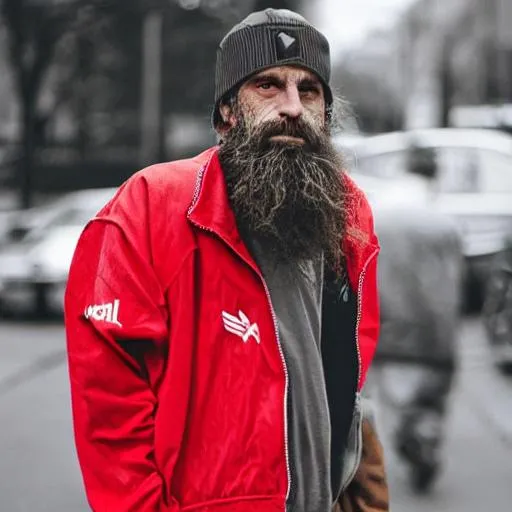 Prompt: Homeless bearded dude on the streets wearing an old school red addidas jacket 