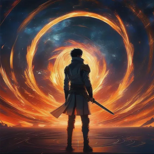 Prompt: {{anime cyberpunk swordsman standing in a ring of fire looking intently at the viewer}},  outer space background, highly detailed, hayao miyazaki