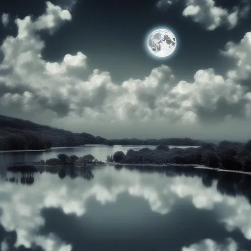 Prompt: spectacular landscape with body of water and big moon surrounded by many clouds in the background , solarization effect