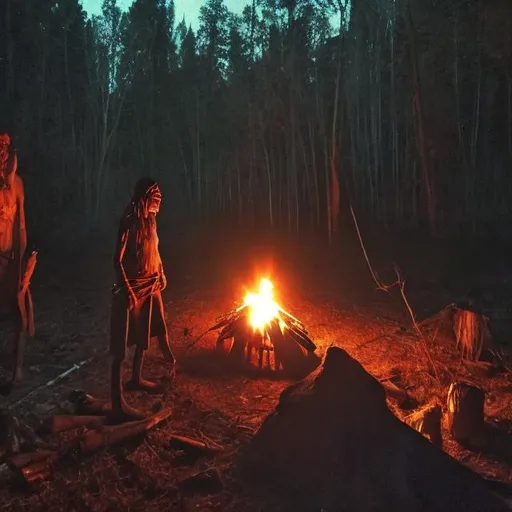Prompt: A native American skinwalker stalks campers enjoying their fire at night.