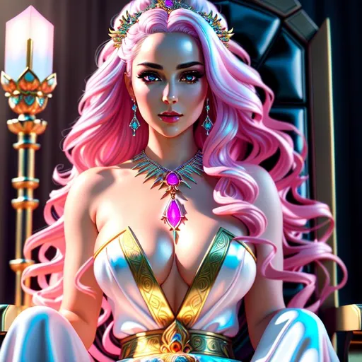 Prompt: A hyper realistic detailed full body image of a sitting feminine ((sexy woman)) who has ((glowing pink in eyes)), ((white in hair)) with ((sexy outfit)) with a plunging neckline, jewelry set, balayage wild hair, throne, highly detailed, digital painting, Trending on artstation, HD quality, ((Yennefer)), ((by Prywinko)), ((huge breast)), ((sexy)),