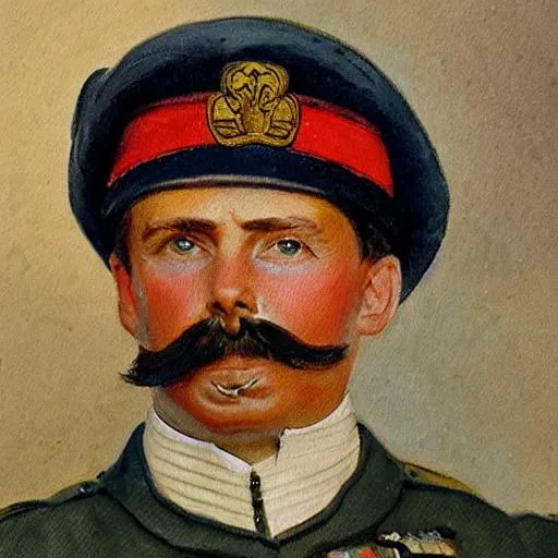 Prompt: realistic Edwardian portrait painting of a British explorer with a large moustache, wearing a kaki colored ww1 officers uniform no hat impressionist style