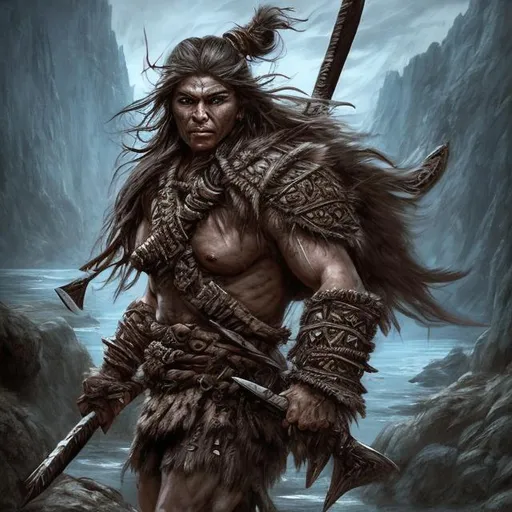 Prompt: "Generate an evocative artwork depicting a fierce fantasy barbarian from a human tribe living in exile amidst treacherous low mountain terrain. Envision the barbarian as a formidable and proud warrior, adorned in weathered yet ornate tribal armor crafted from the bones and hides of mystical creatures. Capture the barbarian's resilience and determination as they navigate the rugged landscape, marked by perilous cliffs, dense forests, and mist-shrouded peaks. Convey the essence of their tribal heritage through intricate tattoos, tribal markings, and ancient artifacts. Let the surroundings reflect the harsh beauty of their exile, with jagged rocks, cascading waterfalls, and twisted, gnarled trees. Emphasize the interplay of light and shadow, highlighting the barbarian's stoic demeanor against the backdrop of the unforgiving wilderness. Inspire awe and curiosity, inviting viewers to delve into the untold story of this exile tribe's enduring spirit."