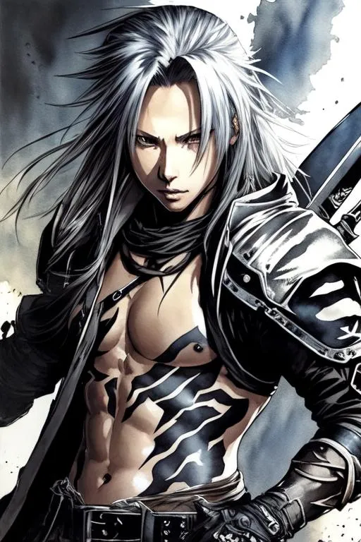 Prompt: (((Yoji Shinkawa))), sticker of ultra detailed portrait of Sephiroth high quality cell shaded illustration in post apocalyptic style by Yoji Shinkawa, ((full body)), dynamic pose, perfect anatomy, centered, freedom, soul, approach to perfection, cell shading, 4k , cinematic dramatic atmosphere, watercolor painting, global illumination, detailed and intricate environment, artstation, concept art, fluid and sharp focus, volumetric lighting, cinematic lighting, Art by Yoji Shinkawa,