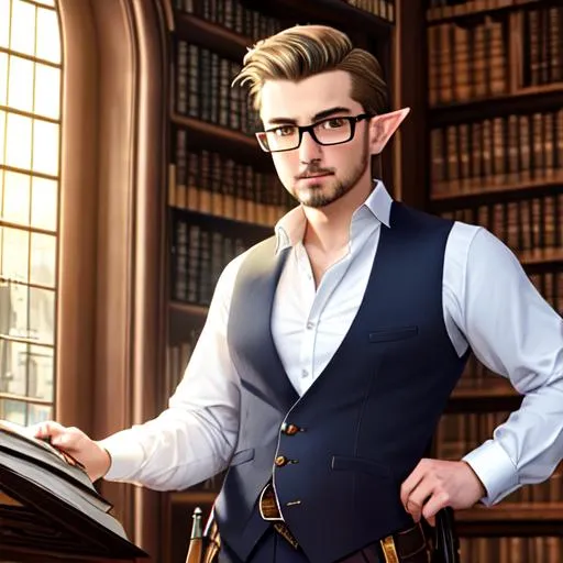 Prompt: oil painting, UHD, hd , 8k, hyper realism, Very detailed, short, adult male, short elf, librarian, wearing a perfectly clean shirt and pair of pants, wields a polished crossbow, short hair, dark blonde hair, small goatee, very pronounced jaw, large pronounced eyebrows, wears rectangular glasses with silver brims, in a library