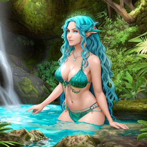 Prompt: a beautiful 47-year old female nymph druid from D&D who lived in a pool by a waterfall in the middle of the forest, very small with light aquamarine skin, dark green-colored wavy hair, and coral-colored fins for ears, eyes a clear crystal blue