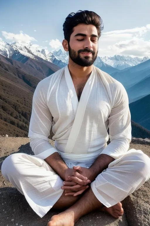 Prompt: full body portrait of a handsome rugged cute kashmiri boy, "sunlit kailash mountain", white dhoti, "lost in god", meditating, "hyperreal detailed face","closed eyes", calm smile, snow, hyperreal, side angle, white, detailed, hyperreal, sitting, arena, perfect composition, hyperrealistic, super detailed, 8k, high quality, trending art, trending on artstation, sharp focus, studio photo, intricate details, highly detailed, by greg rutkowski

