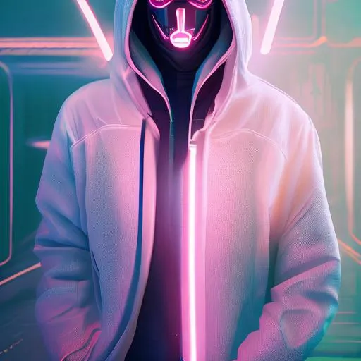 Prompt: Quality, detailed, 8k, cyberpunk, hooded figure, glowing mask, neon back lighting, air particles