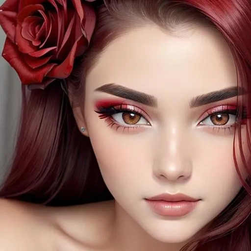 Prompt: Beauty, Beautiful and Gorgeous red roses in hair, pretty makeup, facial closeup