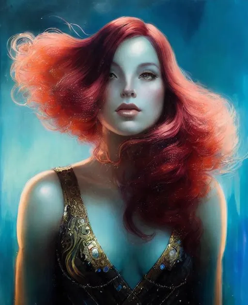 Prompt: a close up portrait of An intergalactic beautiful empress, beautiful symmetrical face, silky gradient red hair hair, golden eyes, wearing a exquisite gown with delicate intricate details, shimmer, glow. Art by  stanley artgerm, peter mohrbacher, Clint cearley, Brian Froud, rossdraws, guweiz, wlop, ilya kuvshinov, Charlie bowater, Laura Diehl, makoto shinkai. painting by daniel f gerhartz, art by Andrew Atroshenko and Edouard Bisson. highly detailed, sharp focus, ethereal, fantastic view, dreamy, Epic, celestial, sparkling, glossy, light emitting,  inner light.

