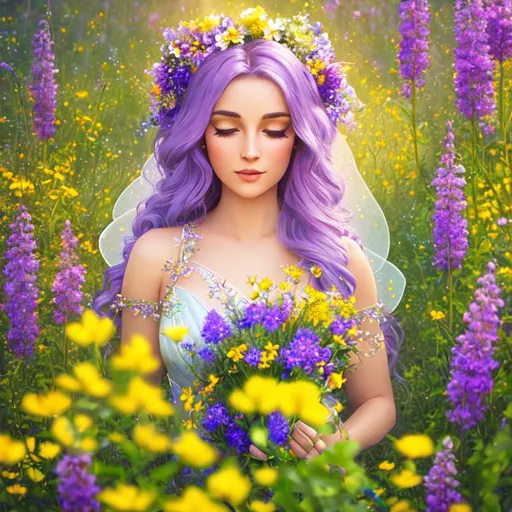 Prompt:  a fairy goddess, yellow and purple flowers, ethereal beauty, soft light,surrounded by wildflowers, closeup