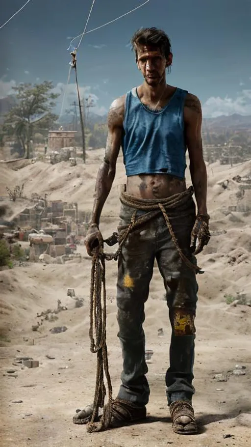 Prompt: Portrait of a skinny, dirty man in baggy pants. A rope tied around his waste to hold up those pants. A dirty sleeveless t shirt and fingerless gloves with shoes too large make up the rest of his outfit.  One look tells one this person is homeless looks painted in the style of Norman Rockwell