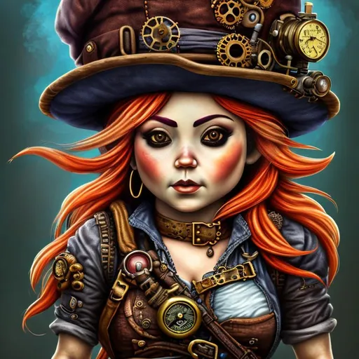 Prompt: Portrait of a female Gnome, pirate hat, steampunk, pistol, 8k, high definition, hyperrealist, fantasy, asian eyes, smoky eyes.