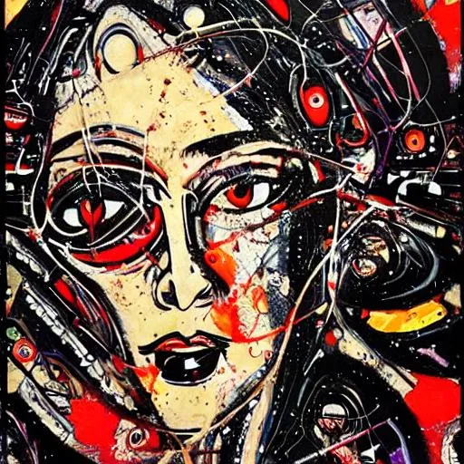 Pollock, cyberpunk, woman, serenity, space, kiss | OpenArt