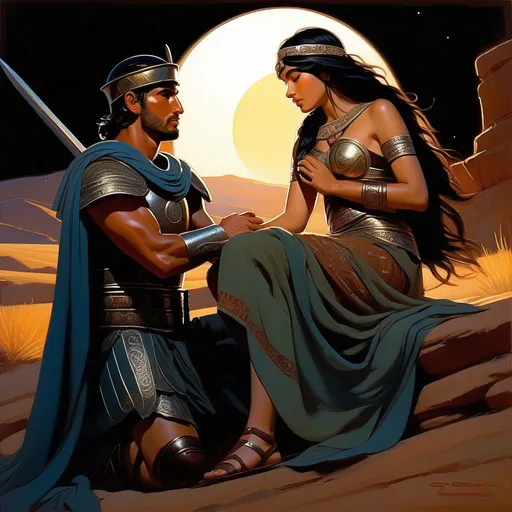 Prompt: Roman soldier impregnating ancient Turkic girl, pale olive skin, black hair, brown eyes, night, steppe, warm atmosphere, cartoony style, extremely detailed painting by Greg Rutkowski and by Henry Justice Ford and by Steve Henderson 