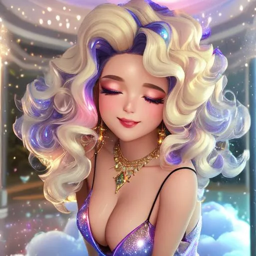 Prompt: Beautiful and sweet girl of warm glaze, wearing vaporous mini dress, discrete make up, glowing up, large curly black marine blue hair, light sparkles, drapping, big lips, pink cheeks, translucid, unreal engine 8k octane, 3d lightning, stellar clouds, quartz and opal, gem rain, soft white skin, long wavy hair, nice smile, luminous chest, fantasy, silence