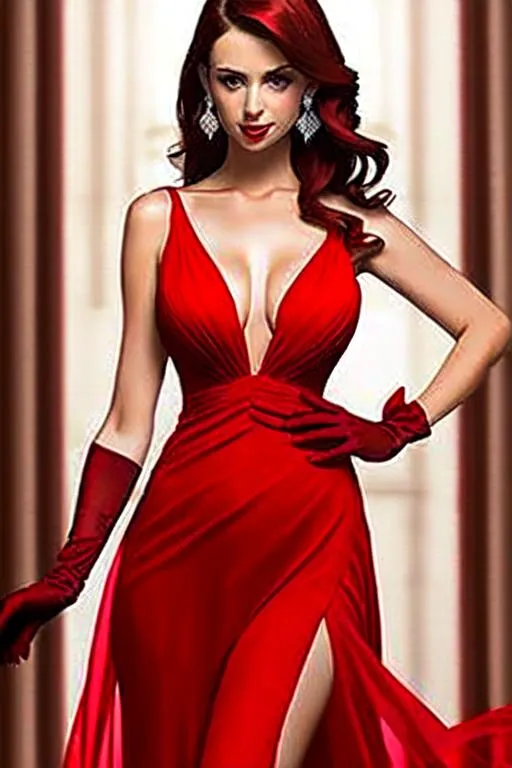 Prompt: A beautiful woman in red deep V-neck sleeveless chiffon dress and long gloves