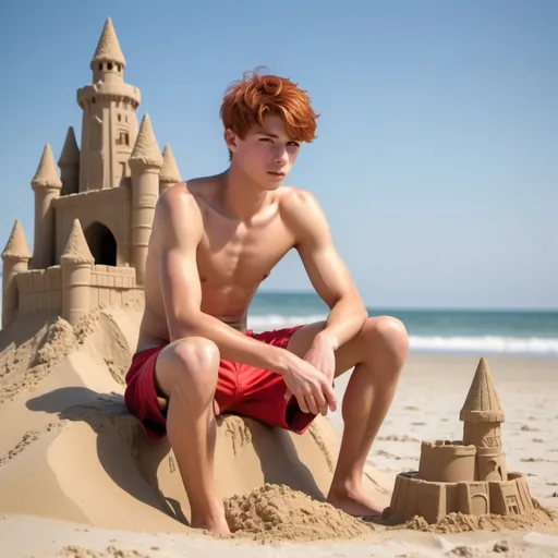 Prompt: Hot, slim, 19 year old guy with a slender physique sitting and building a really big sand castle at the beach. He has on red swim trunks, and no shirt, he has short red hair buzzed shorter on the sides and back. Full body portrait. Realistic Lighting. Photo Realistic.