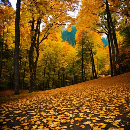 Prompt: falling leaves in autumn forest beach