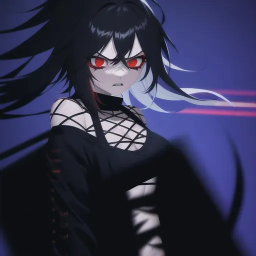 Prompt: digital style painting, emo anime girl, black long messy hair, sharp red eyes, black eyeshadow, red background 4k, hyperrealisitic, angry