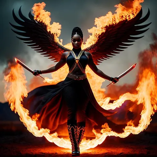 Prompt: Photo of black female human braided hair in flames. she has a  sword in  her hand Phoenix rising up out  of the ashes, cinematic lighting, movie poster, 