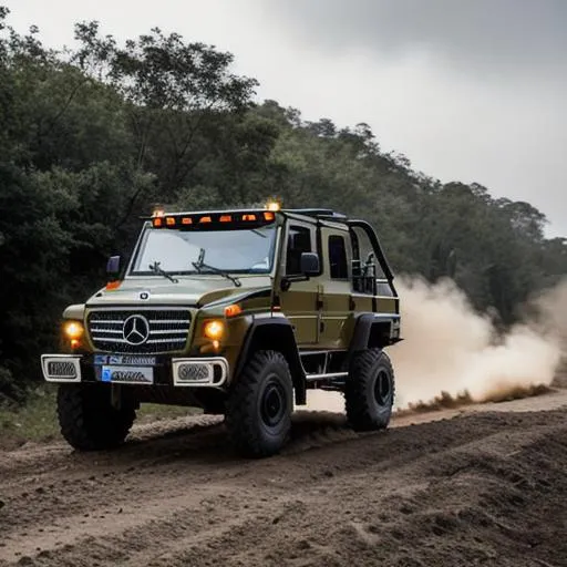 Prompt: mercedes unimog in black, offroading on hard course, cinematic lighting, in a war zone, sourounded with mesh, mist in background