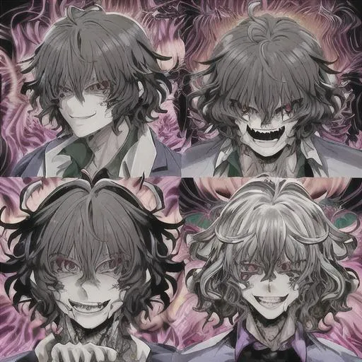 Prompt: insane, mature anime boy, wavy hair, smiling, trippy background, demon behind, zoomed out, fangs, aesthetic mask, scars, no horns, hands on face 