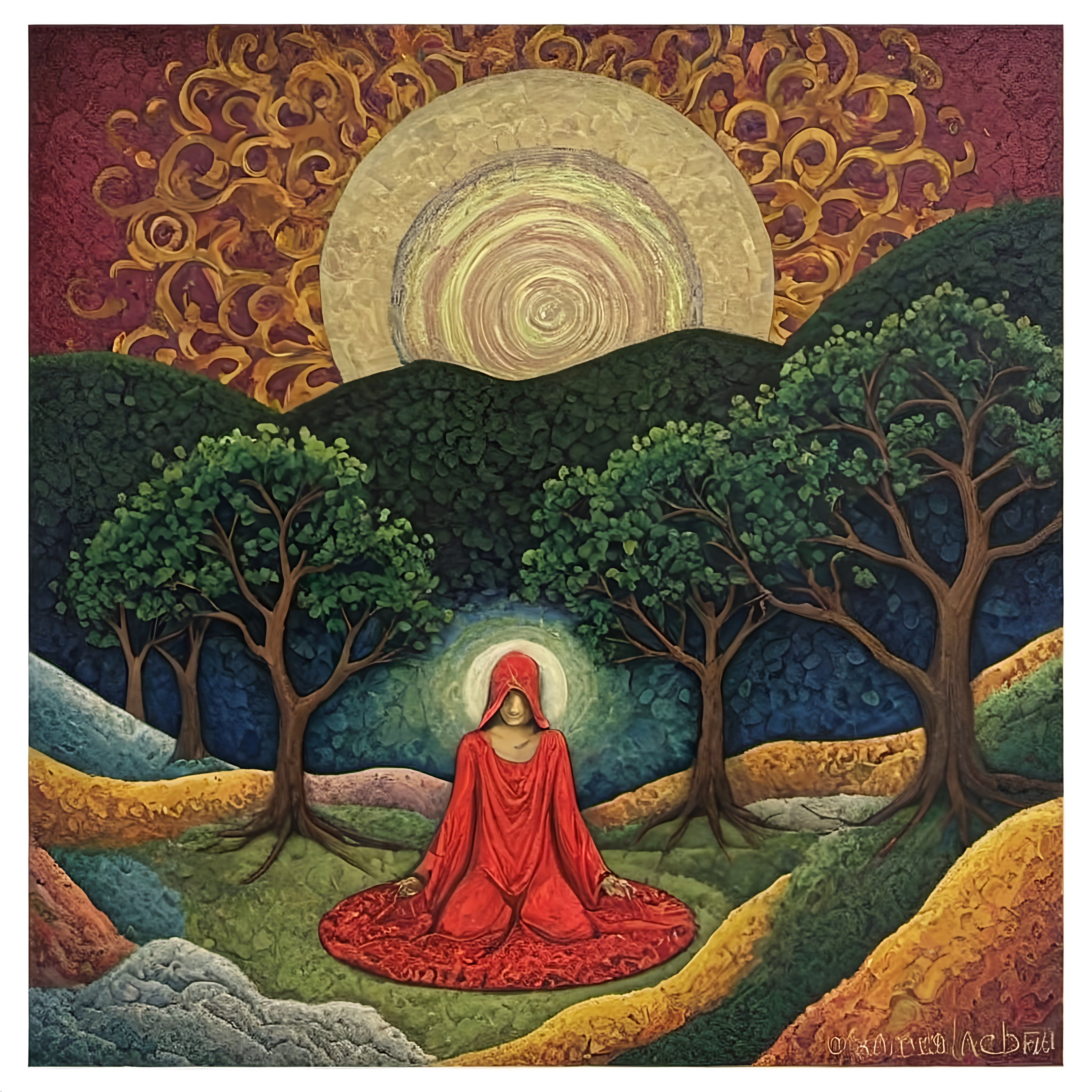 Prompt: a painting of a person in a field with trees and a sun in the background with a sky, metaphysical painting, centered, an oil on canvas painting
