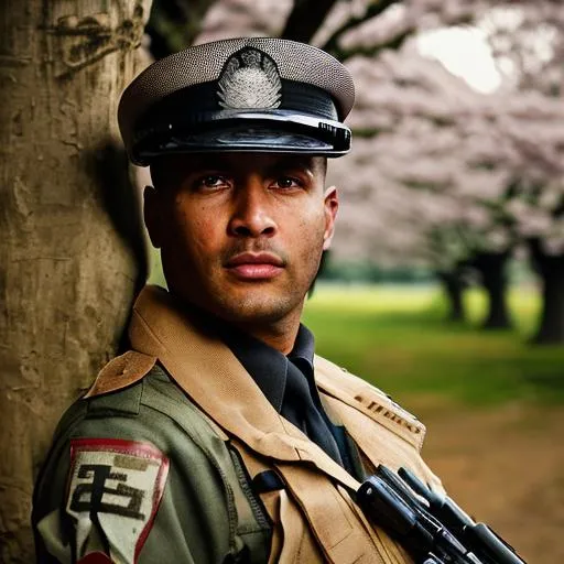 Prompt: a black ops officer staring at a beautiful ancient cherry blossom tree,nature background