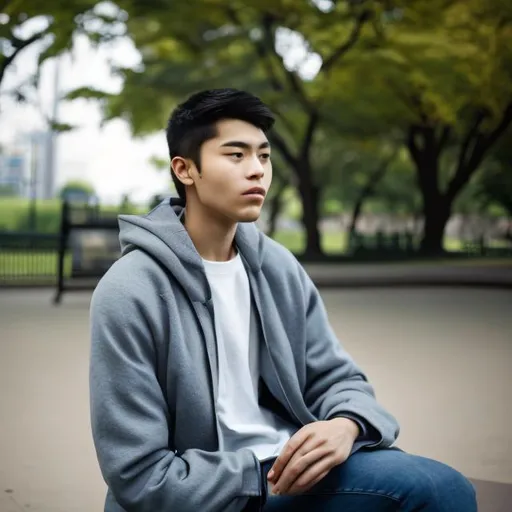 Prompt: a young man sitting on a bench in a park near buildings