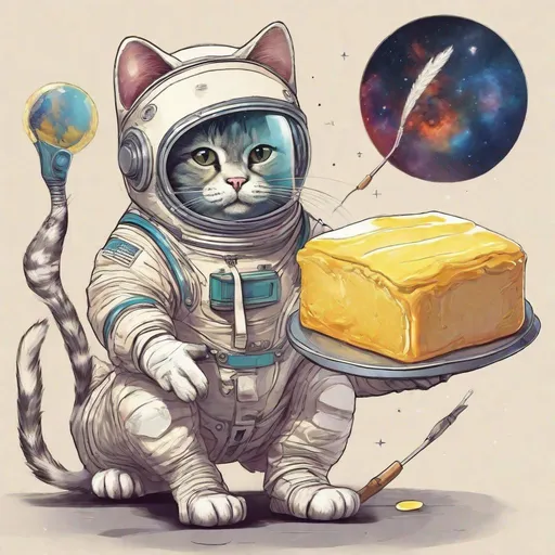 Prompt: Perplexing Stylized concept art of a cat in a space suit holding a stick of butter. Everything is perfectly to scale, HD, UHD, 8k Resolution, Vibrant Colorful Award winning 