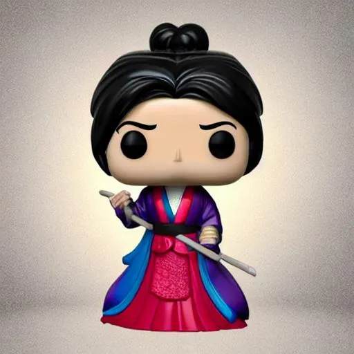 Prompt: Funko pop Mulan figurine, made of plastic, product studio shot, on a white background, diffused lighting, centered